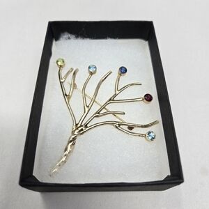 Gold Tone Tree Of Life Brooch Pin-Colored Stones Womens Twisted Trunk Branches